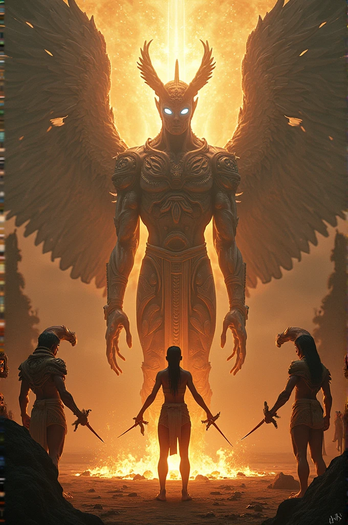 Aztec warriors hybrids with alien features offering sacrifice to the gods deities that shine more than the sun with long hair white eyes muscle mass greater than that of human beings in their hands they carry what appear to be advanced weapons but made of meteorite stones 