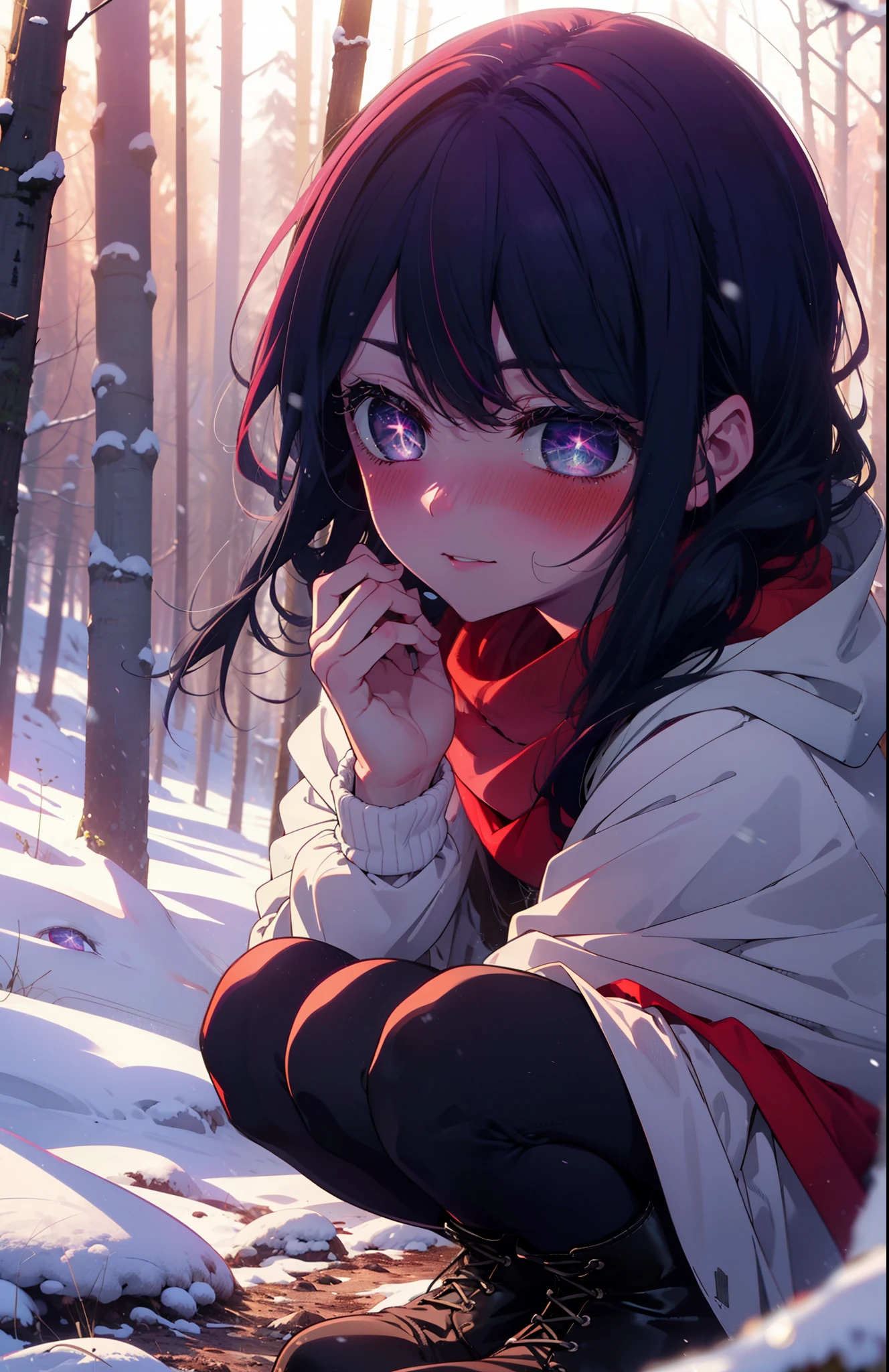 aihoshino, Ai Hoshino, Long Hair, bangs, (Purple eyes:1.1), Purple Hair, (Symbol-shaped pupil:1.5), smile,,smile,blush,white breath,
Open your mouth,snow,Ground bonfire, Outdoor, boots, snowing, From the side, wood, suitcase, Cape, Blurred, , forest, White handbag, nature, Squat, Mouth closed, Cape, winter, Written boundary depth, Black shoes, red Cape break looking at viewer, Upper Body, whole body, break Outdoor, forest, nature, break (masterpiece:1.2), Highest quality, High resolution, unity 8k wallpaper, (shape:0.8), (Beautiful and beautiful eyes:1.6), Highly detailed face, Perfect lighting, Highly detailed CG, (Perfect hands, Perfect Anatomy),
