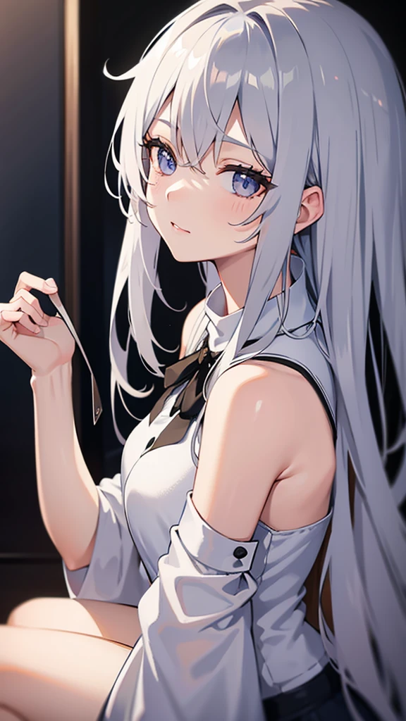 best quality, ultra precision, 1girl, cute, , young, boyish, childish, small breasts, silver hair, cat ears, blue eyes, beautiful eyes, girl, ecstasy, sailor collar, estrus, metestrus, start to undress, naughty mood, she loves you, lost virgin, virgin, blush, beautiful skin, big bow on chest I'm not wearing panties BLUE SWEATER, BLACK SHIRT, SHIRT UNDER SWEATER, OFF SHOULDER TOP) Tsundere