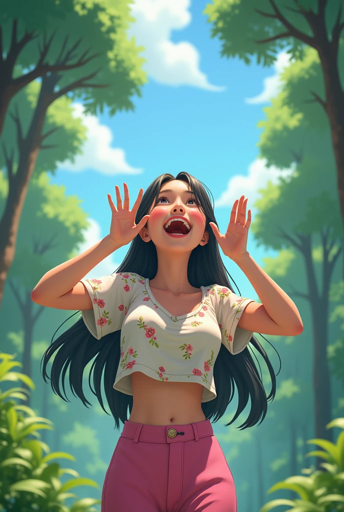 A 25-year-old girl,Wearing a white floral top,Black long hair,Place your hands on either side of your face,Pink pant,Shout to the sky,Back,Background with forest,Trees,Anime style,Pixar style