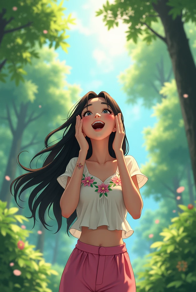 A 25-year-old girl，Wearing a white floral top，Black long hair，Place your hands on either side of your face，Pink pant，Shout to the sky，Back，Background with forest，Trees，Anime style，Pixar style