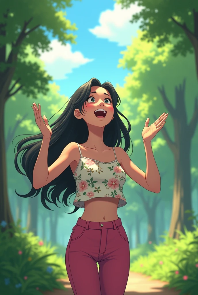 A 25-year-old girl，Wearing a white floral top，Black long hair，Place your hands on either side of your face，Pink pant，Shout to the sky，Back，Background with forest，Trees，Anime style，Pixar style