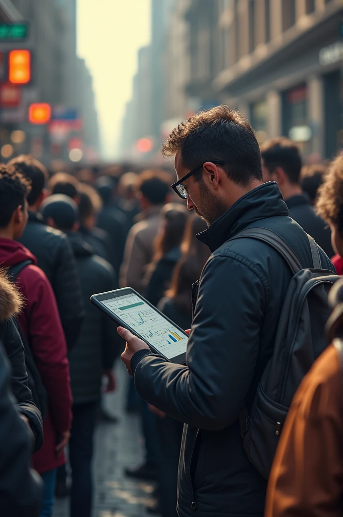 Many people queued up for money but only one guy is in septline learning about charts