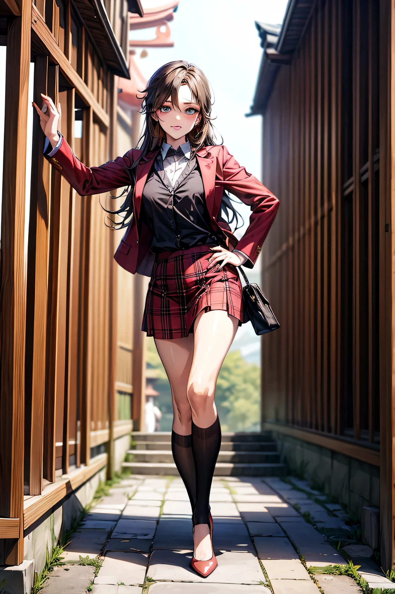 (Biologically correct limb count),Full body, including face,4K,Focus on the masterpiece face,Well-proportioned facial features,Delicate descriptive eyes,(One beautiful woman),(Black shirt,red jacket,red plaid skirt),(Grin),Photos with white borders,looking at the camera,Kiyomizu-dera Temple Walking,Walking down the stairs,((High heels))