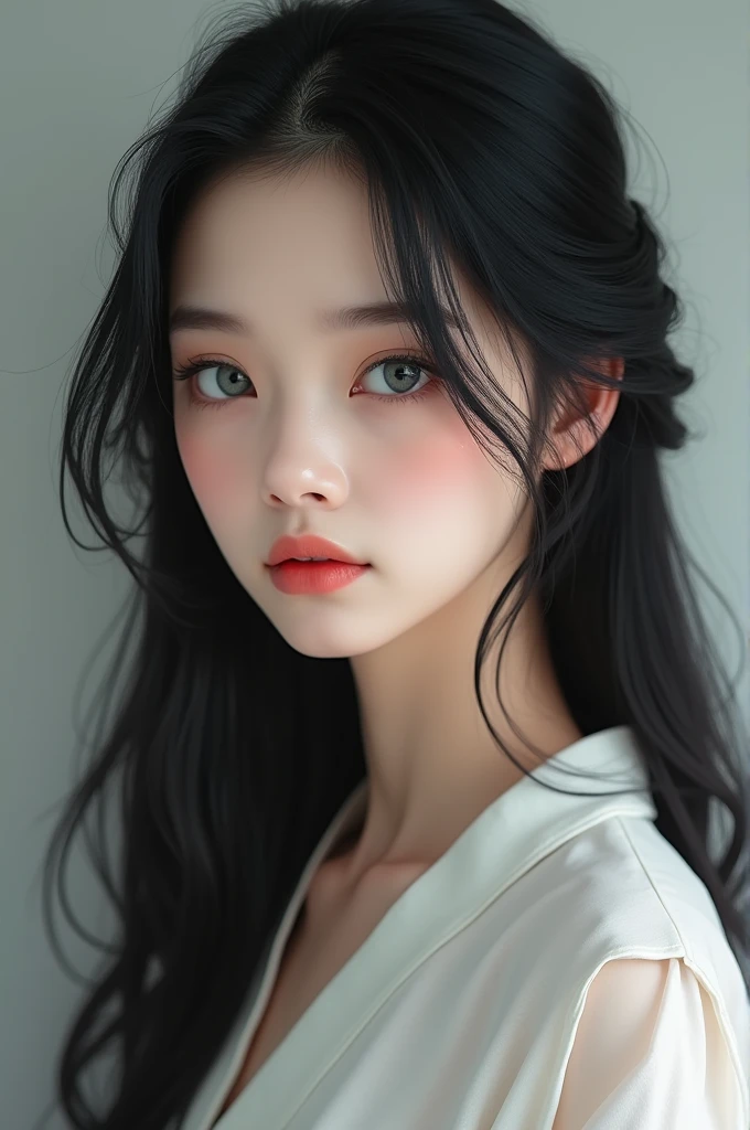 Draw a girl with slightly slanted eyes, black hair, gray eyes and white skin