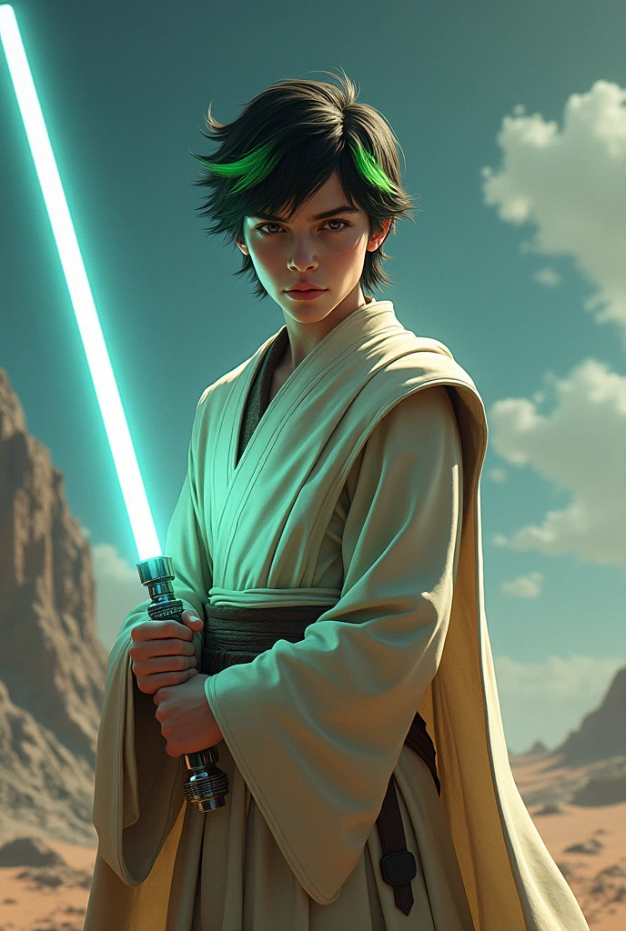 Jedi with green hair tips, white lightsaber, male, young