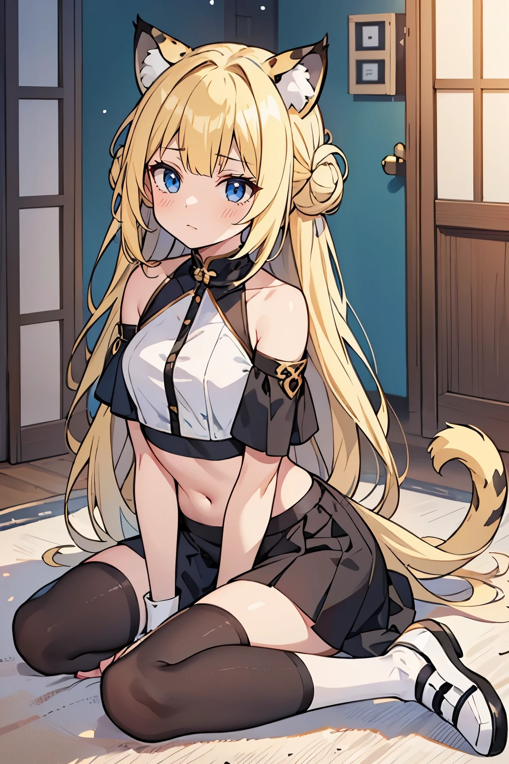 1 girl, female figure, (medium small breasts), (young female body: 1.4), fairy_tail_style, light blue eyes, golden sunny blonde hair, sunny yellow hair, hair bun, hair in a bun, hime cut, blunt bangs, black snow leopard animal ears, fluffy tail, black animal ears, black and white long tail, tights, long big lynx tail, black animal tail, black and white big cat ears, hallway background, black skirt, crop top, white tail with black spots, sitting on ground, kneeling, white cat tail, white shoes
