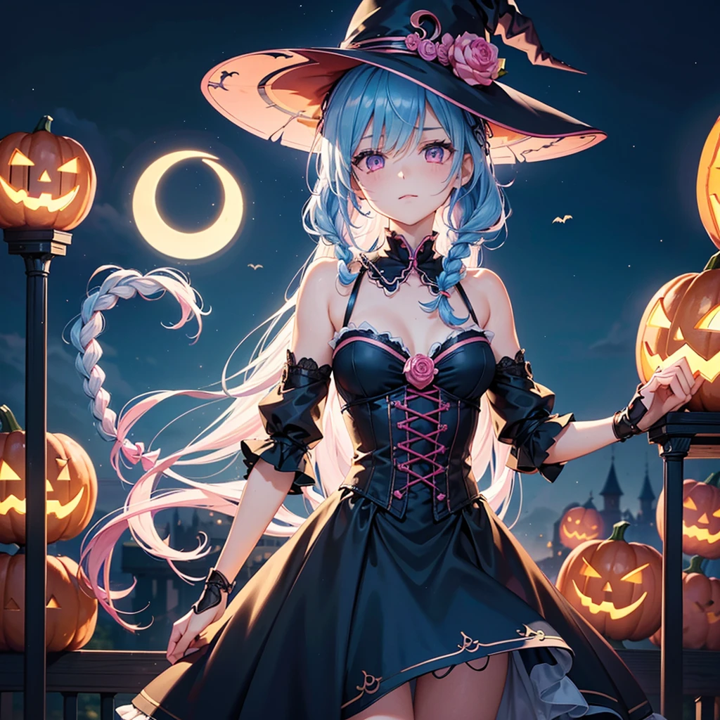 (Sky Blue Hair),(Braided medium hair:1.2), (Pink Eyes),Fair skin) ,(whole body),(One Girl),(Crescent Moon),(There are many pumpkin ghosts in the background),(If you don't give me sweets, I'll be mischievous.),Halloween Night Party),(masterpiece, Highest quality, Very detailed, Best Shadow), (Detailed Background), (Beautifully detailed face), High Contrast, (Best lighting, Very delicate and beautiful), ((Cinematic Light)), Hyper Detail,8k, Dramatic Light, Intricate details,Cute witch clothes,night,Bats flying in the background,