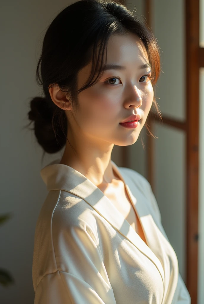 An elegantly dressed Japanese woman in natural light、A close-up of her chest and calm expression.、It shows her inner peace and outer charm.。