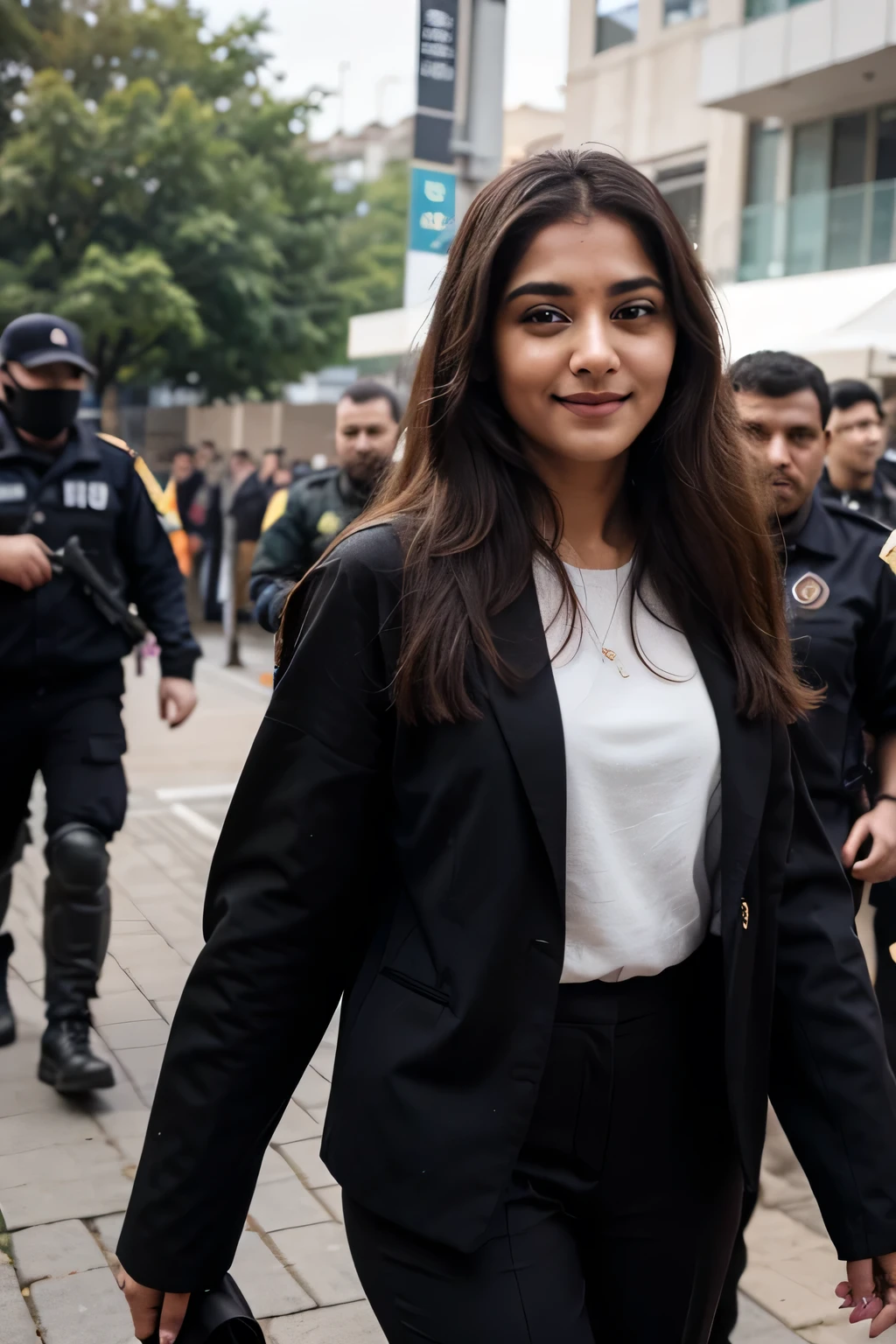 ((best quality)), ((masterpiece)), (detailed),
A 21 year old beautiful Indian girl with long hair smiling face beautiful eyes not looking at camera wearing black colour suit coat pant protected by z+ security with her making way by clearing crowds from side by security forces and personal bodyguards protecting her from every side and giving security full pic long distance
