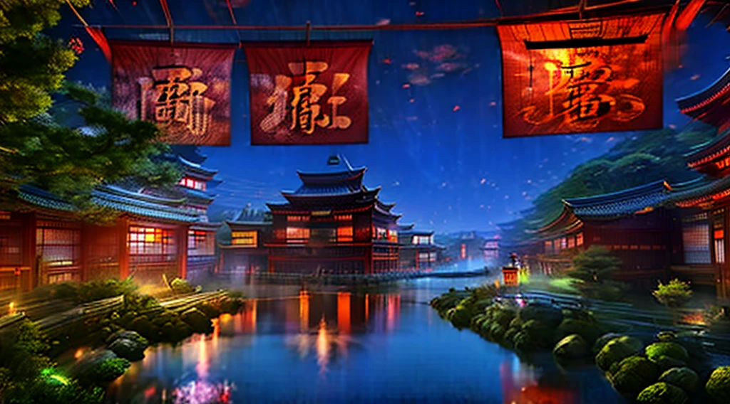 Japanese Style、red、historical buildings、Cityscape、Hot Spring Town、Traditional、Japanese、4K、high resolution、picture、Fantasy、Lots of lanterns、There are few rivers、night、Dark Tone、cool、Samurai