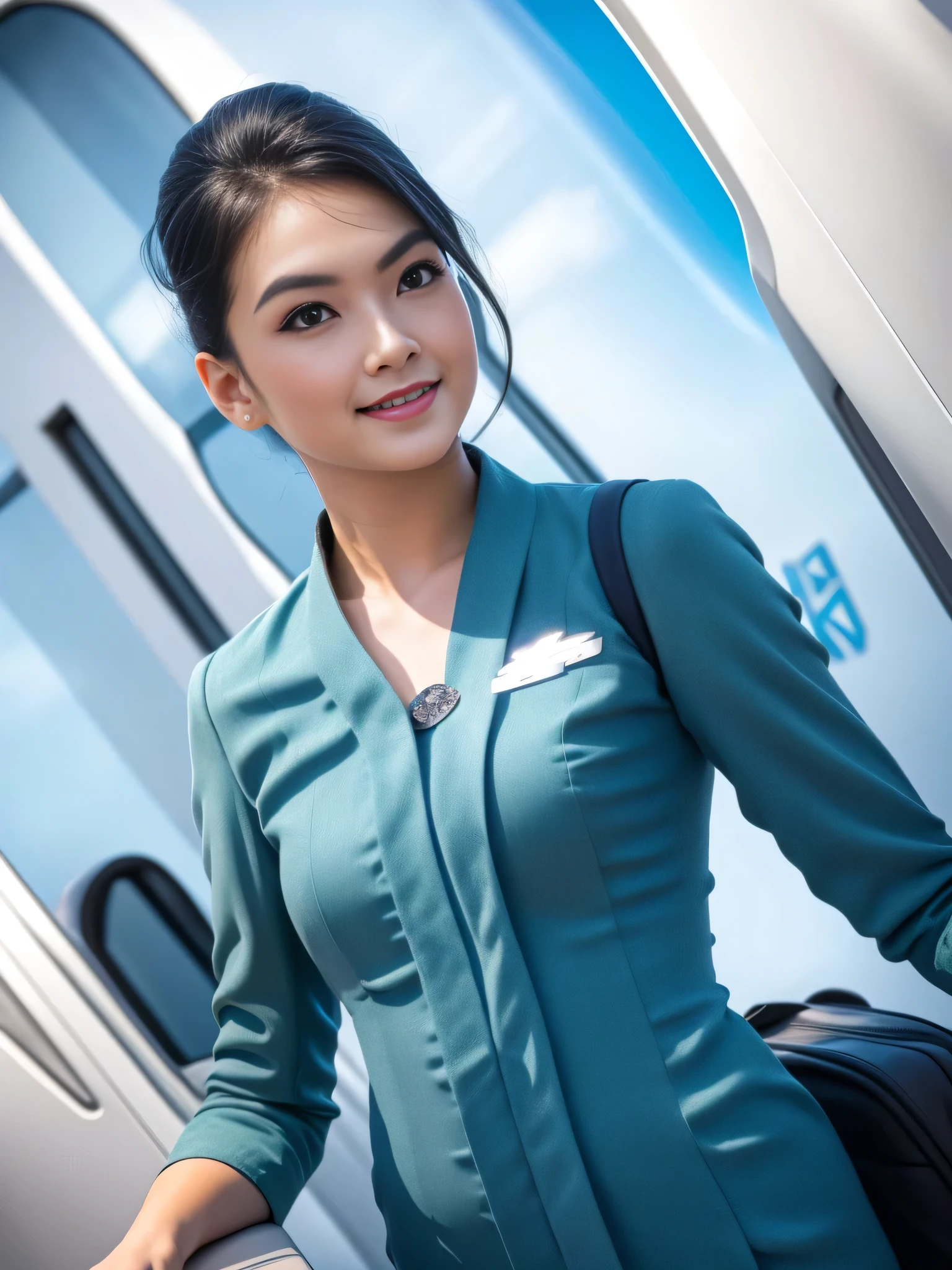 1girl, solo, 19 years old, in the middle of a large airport, seductive pose, thick medium breasts, semi-curvy body, smooth realistic skin, cute little smirk, wearing flight attendant uniform, looking at the audience, (overhead shot:1.3), (zoom-out:1.4), (8k, RAW photo, best quality, masterpiece: 1.4), (realistic, realistic: 1.37), ultra-high resolution, cowboy shot