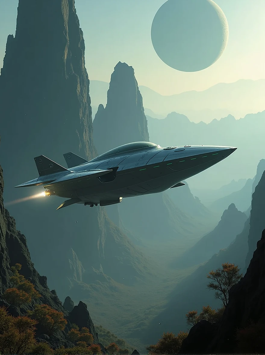 alien ship flying over an unknown exoplanet
