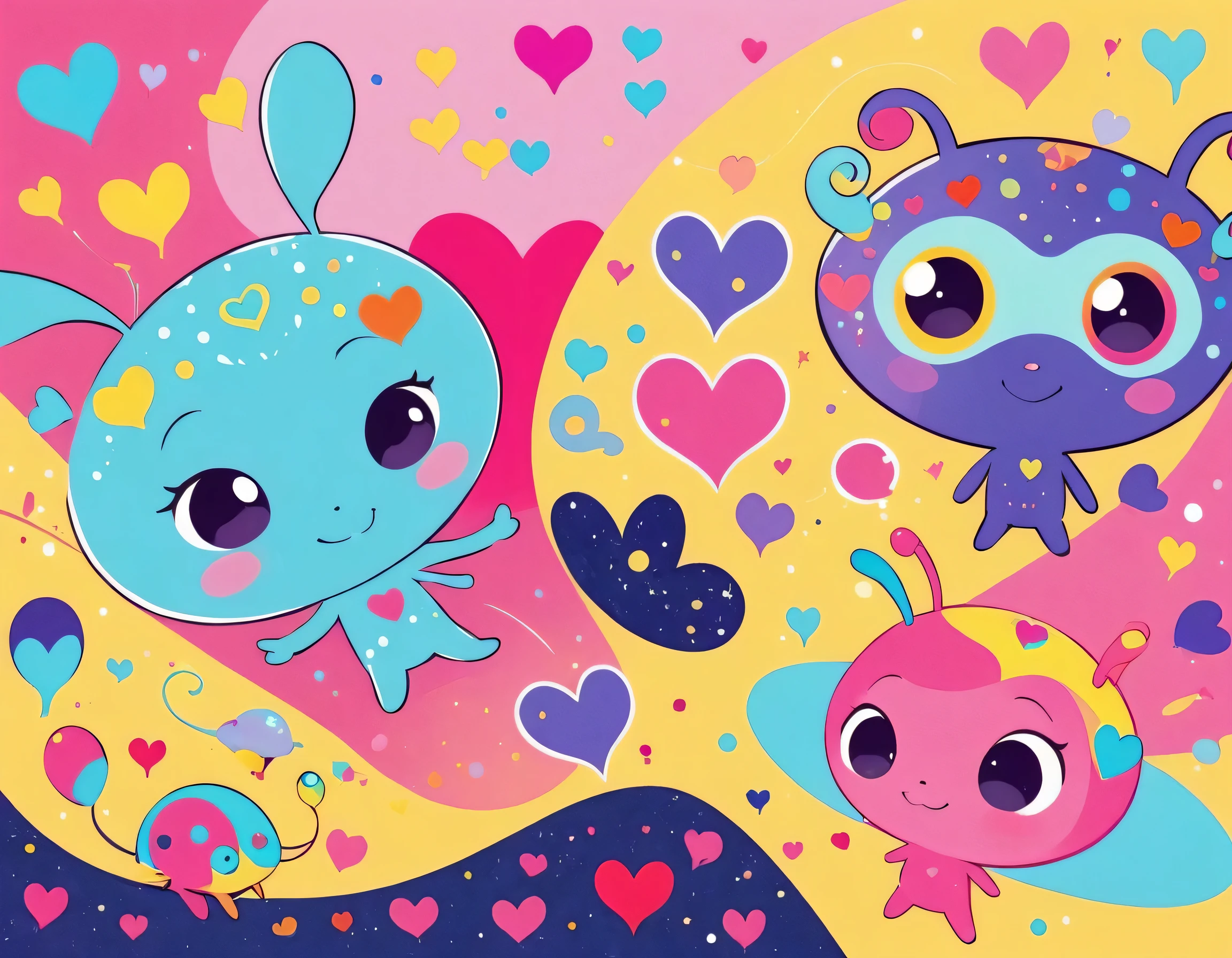 Mai Yoneyama colorfull style, Simple Line Initialism,Abstract art, girls, colorful hearts, funny design, (((Cute Aliens))), The background is space