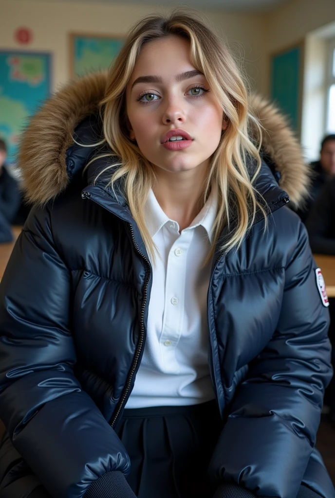 cute English teenage giring a very large navy blue tight shiny puffer coat, very thick eyebrows, photorealistic, masterpiece, moncler, fluffy fur hood, , wavy hair, large breasts, open coat, school uniform,very tight white blouse, pleated skirt, heavy makeup, lipstick, blonde hair, chavvy, chav, attitude, pouting, sitting in classroom, dark foundation, very tight clothing