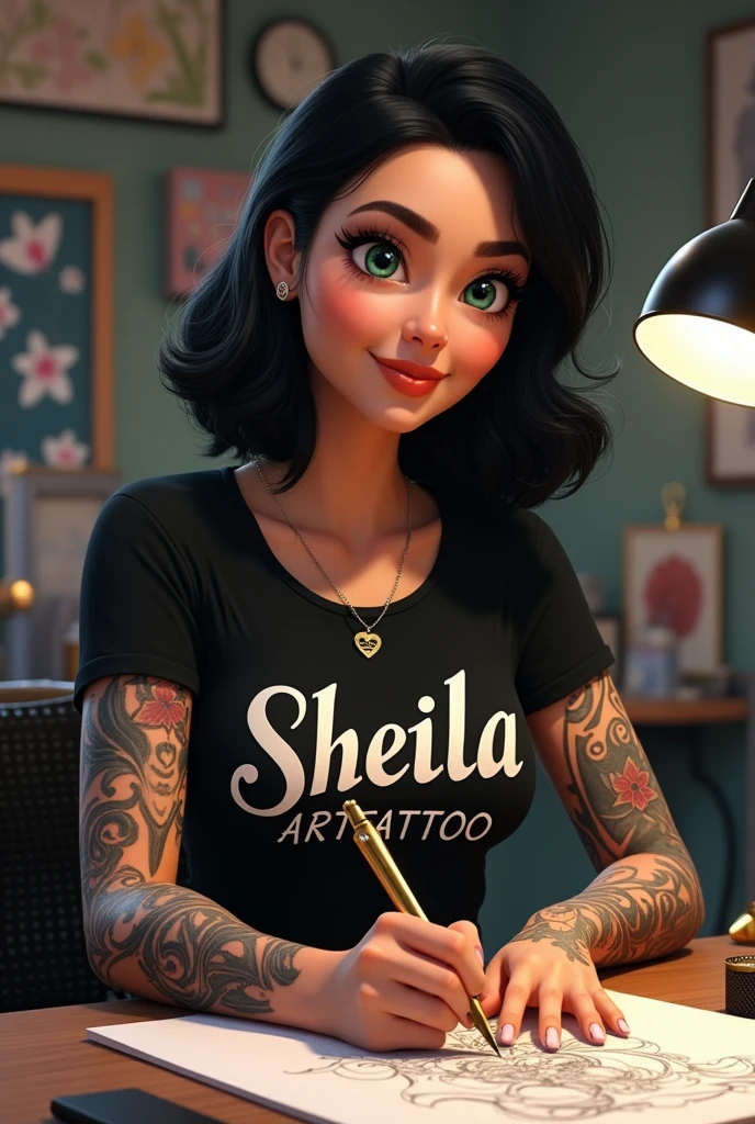 Disney Drawing Tattoo artist 40 years old with shoulder length black hair with greenish eyes with tattoos on her body wearing a black t-shirt with the words sheila art tattoo written on it & Body Piercings in gold sitting in front of a table drawing in the tattoo studio