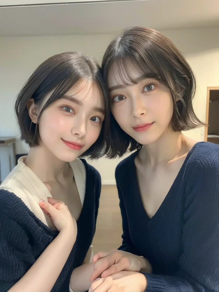 (masterpiece:1.3), (8k, Photoreal, Raw photo, best image quality: 1.4), Japanese high school girl、(random hairstyle:1.2)、cleavage:1.5、super detail face、eye for details、double eyelid、chest to chest、sharp focus:1.2、Beautiful woman:1.4、light brown hair、highest quality、masterpiece、超A high resolution、(Photoreal:1.4)、Highly detailed and professionally lit smiles、loose and light knitwear、shoulder out、thin、serious expression、short haired、deadly position
similar identical twins
All the girls have the exact same face, The two have the same face and figure, as if they were mirror images.