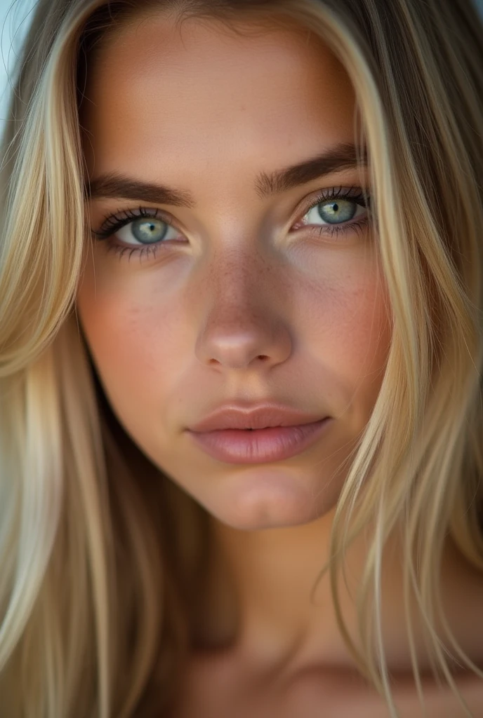 regarde droit dans les yeux femme tinture blonde de face