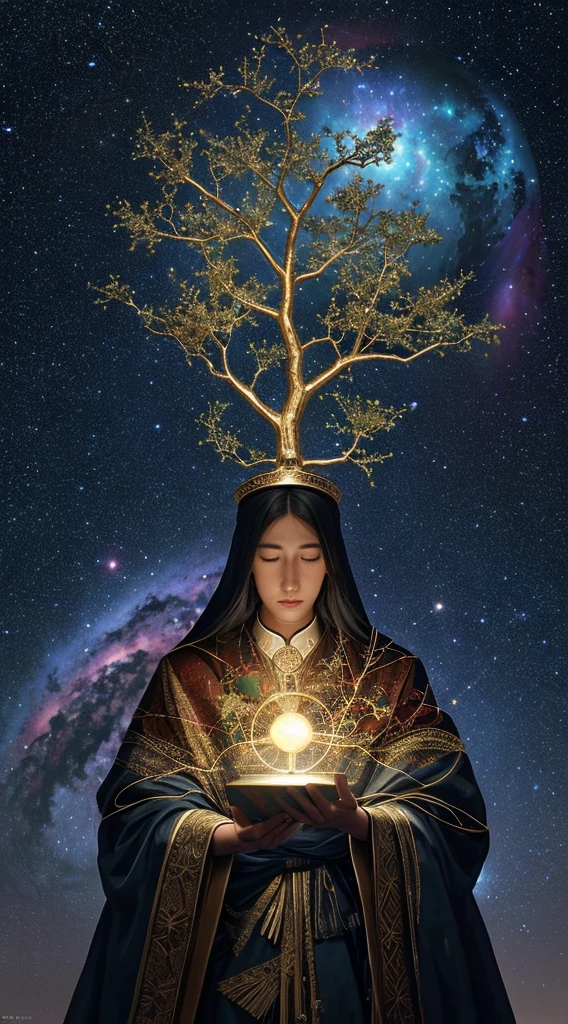 Create a surrealist painting featuring a nebula in an interstellar setting, with a complex, clear glass mirror reflecting the "Tree of Life" in the cosmos. The branches of the tree should hold various celestial objects like planets, moons, and stars, all radiating from a luminous light at the center of the tree's top. The tree should be situated in the middle of a diverse group of people from different ethnicities. Surrounding them, there are statues formed from galaxies, plants, and animals, blending hyperrealism with intricate, exaggerated details.

The artwork should evoke themes of spiritual evolution, creation, Catholic religious art, collective consciousness, and sacredness. The overall style should draw inspiration from Roman Bez Palkiv, Johfra Bosschart, and religious and philosophical art. The background should feature a starry night sky to enhance the mystical atmosphere, resulting in a stunning visual display.

