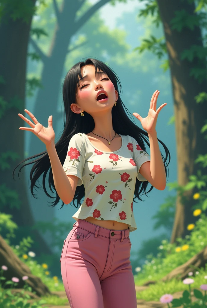 A 25-year-old girl,Wearing a white floral top,Black long hair,Place your hands on either side of your face,Pink pant,Shout to the sky,sideways,side,Background with forest,Trees,Anime style,Pixar style