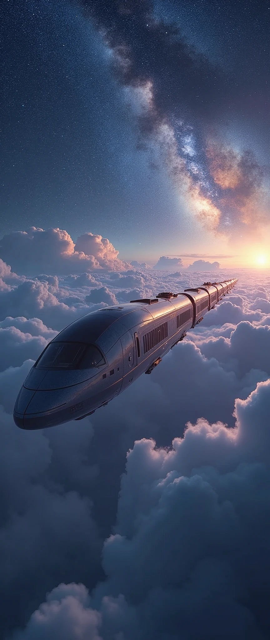 A train-shaped spaceship heads for the galaxy,Hope emerges from the clouds,A cool, sci-fi look,(SF的な流線形のbeautiful機体:2.0),(The background is outer space and the Milky Way:1.6),masterpiece,Highest quality,Ultra-high resolution,(Super detailed),8k,Realistic,Best aesthetics,beautiful,(dynamic,Great impact,Depicted from underneath the aircraft:1.2)