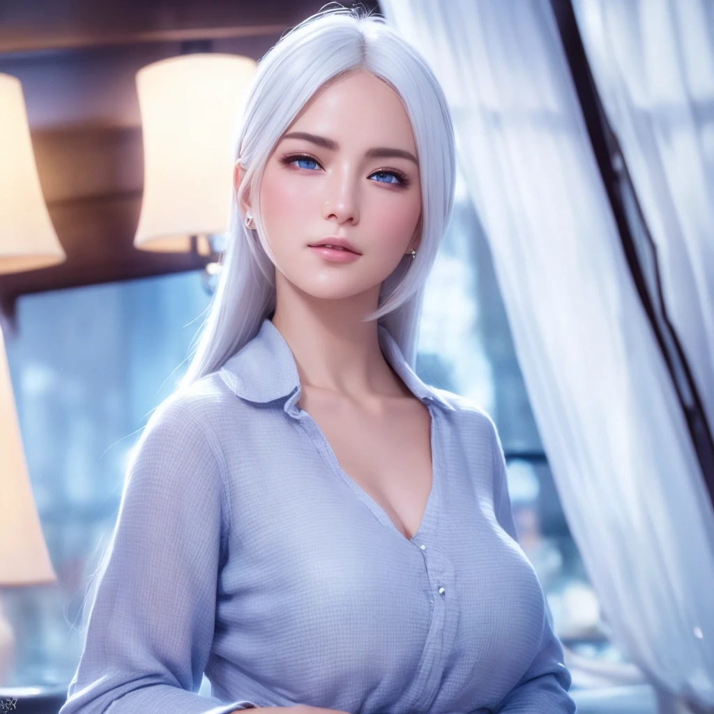 (front focus),(in the dark:1.6),hyperrealistic portrait of a beautiful mysterious woman with white hair, fantasy art, photo realistic, dynamic lighting, artstation, poster, volumetric lighting, extremely detailed and lifelike facial features, 4k, award winning, 1 girl, in the dark environment, deep shadows, low key lighting, cowboy shot, (official elegant clothing:1.4), long flowing white hair, piercing blue eyes, delicate facial features, serene expression