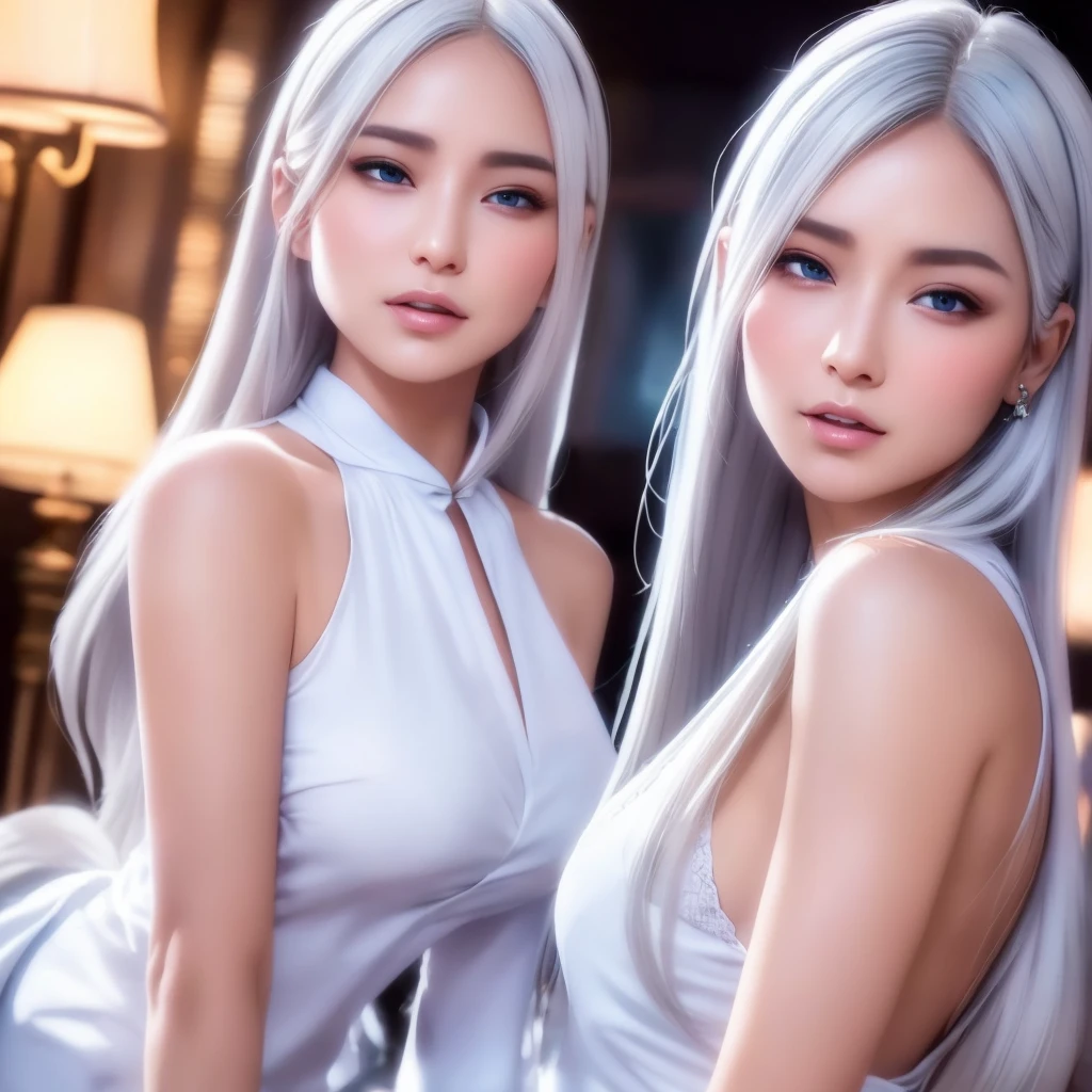 a young girl in a luxurious room, detailed face with tear mole, white skin, silver hair in ponytail and braid, looking at viewer, wearing a silk robe with hollow pattern, small breasts, slim body, professional lighting, photon mapping, radiosity, physically-based rendering, ultra high resolution, realistic, masterpiece