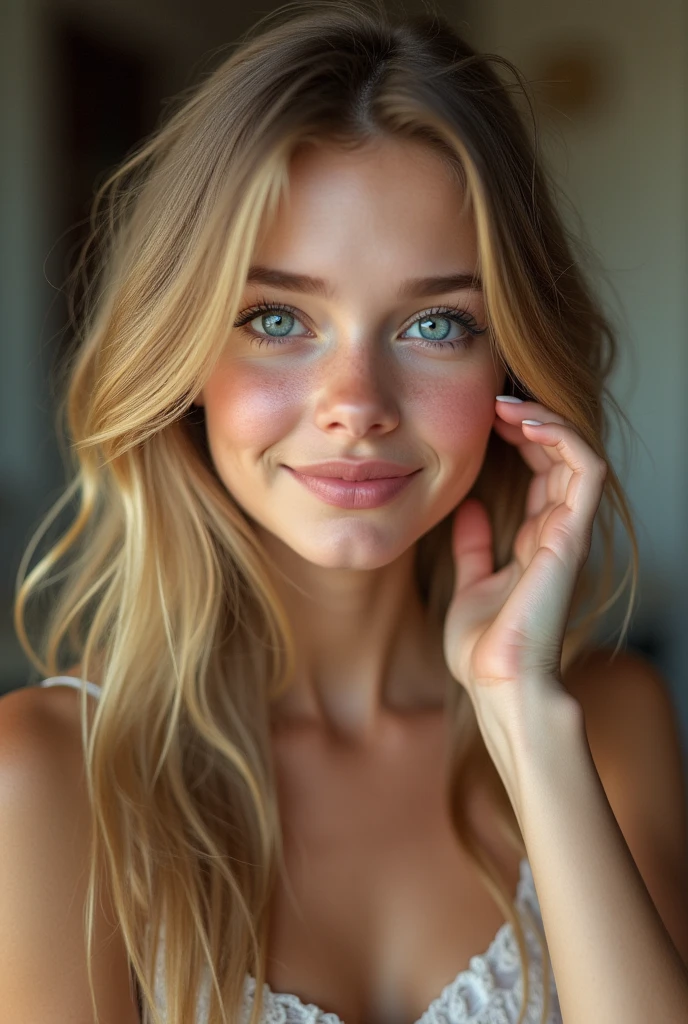 A beautiful young shy girl with wavy blond long hair, wearing a simple dress and high heels, touching her hairs, with pretty large boobs, smiling, (best quality,4k,8k,highres,masterpiece:1.2),ultra-detailed,(realistic,photorealistic,photo-realistic:1.37),detailed blue eyes,detailed lips,extremely detailed face and eyes,long eyelashes,intricate details,warm lighting,soft focus,delicate colors,elegant,fashionable,sensual,charming