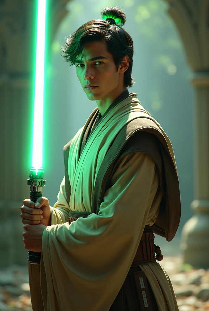 Jedi with green hair tips, white lightsaber, male, twenties 