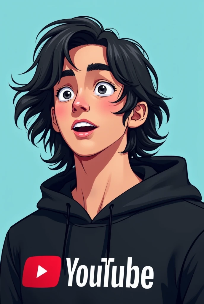 The image is a digital illustration of a young man's face. He long black hair and is wearing a black hoodie with youtube logo. His eyes are wide open and his mouth is slightly , as if he is smiling. The background is a light blue. The overall style of the illustration is simple and cartoon-like.