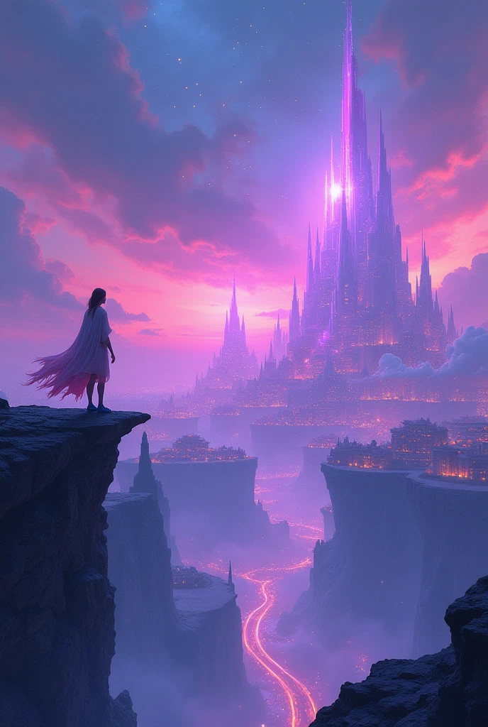 Futuristic running shoes、"A vibrant fantasy landscape featuring a futuristic city bathed in a soft, ethereal glow. The sky is a blend of deep purples and blues, dotted with shimmering stars. In the foreground, a lone figure with flowing garments stands on a cliff, overlooking the city. The city itself is a mix of sleek, towering structures and intricate details, with soft, ambient lighting illuminating the scene. The overall atmosphere is mystical and otherworldly, with a touch of cyberpunk influence. The image should have a dreamlike quality, with smooth gradients and soft shadows."

