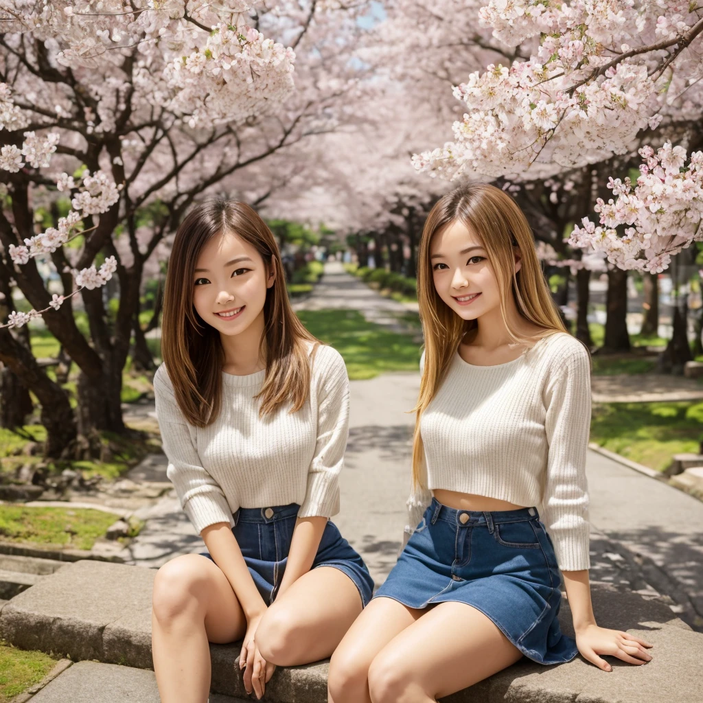 Blonde girl wearing top and mini skirt sitting under cherry blossom trees in Japan，blue sky，Baiyun，breeze，Falling cherry blossom petals，