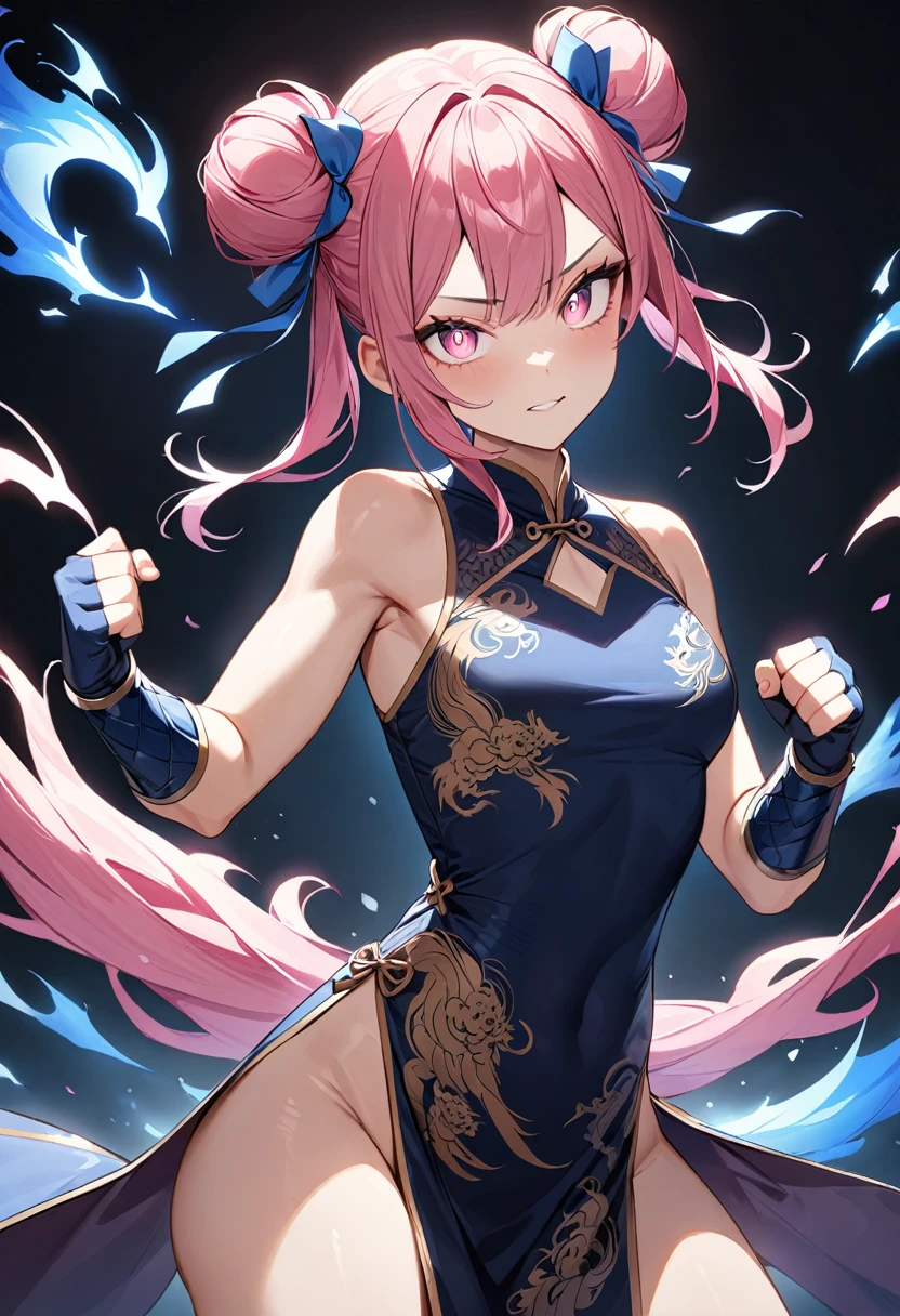 (masterpiece, top quality, very aesthetic, 4k、illustration), intricate detail, 1woman,solo,contrapposto 、Strong glowing eyes、,(cowboy shot)、Blue aura、(Martial artist),beautiful face、fingerless gloves、Clenched fist、double bun、(fluorescence pink gradient hair)、fighting spirit、multicolored hair,hair ribbon,middle hair,sidelock ,レッド eyes、china dress、arm guards、Warrior、small breasts、Slim 、