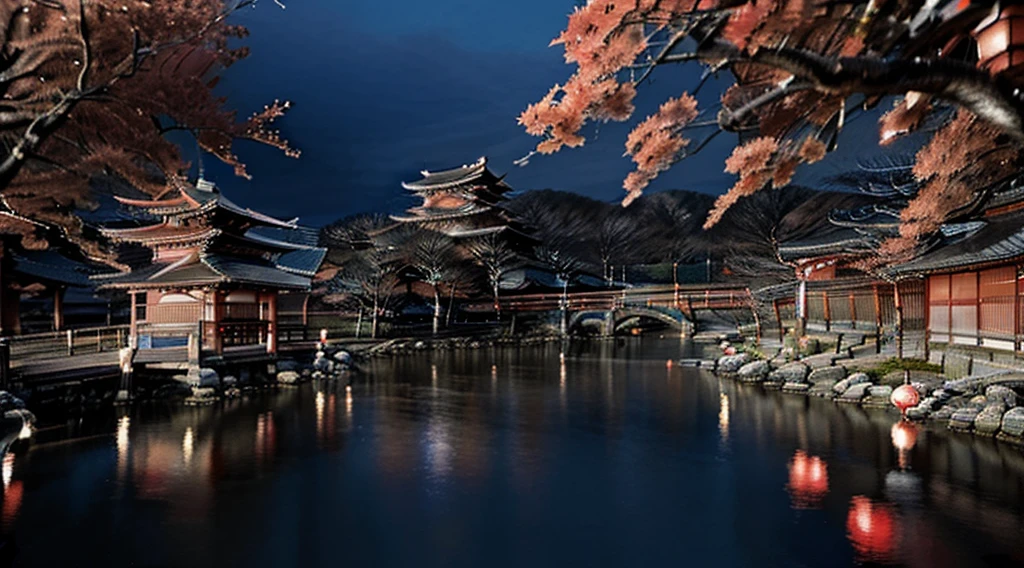 Japanese Style、red、historical buildings、Cityscape、Hot Spring Town、Traditional、Japanese、4K、high resolution、picture、Fantasy、Lots of lanterns、There are few rivers、night、Dark Tone、cool、Samurai、Backwards