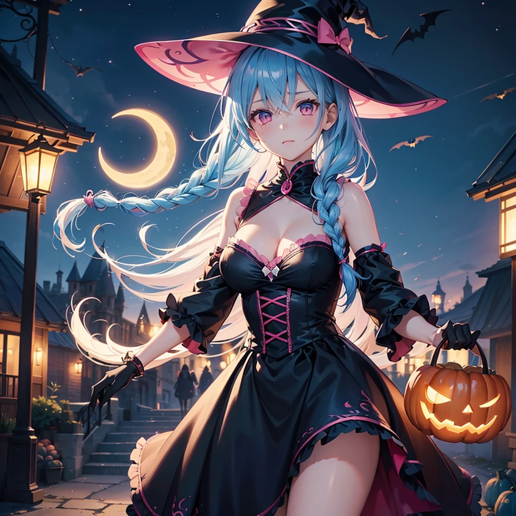 (Sky Blue Hair),(Braided medium hair:1.2), (Pink Eyes),Fair skin) ,(whole body),(One Girl),(Crescent Moon),(There are many pumpkin ghosts in the background),(If you don't give me sweets, I'll be mischievous.),Halloween Night ),(masterpiece, Highest quality, Very detailed, Best Shadow), (Detailed Background), (Beautifully detailed face), High Contrast, (Best lighting, Very delicate and beautiful), ((Cinematic Light)), Hyper Detail,8k, Dramatic Light, Intricate details,Cute witch clothes,night,Bats flying in the background,