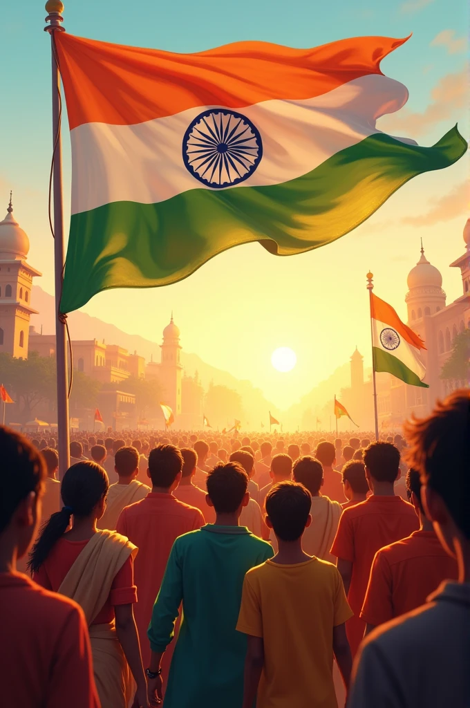 Beautiful morning, sun risen and people were celebrating independence day with indian flag