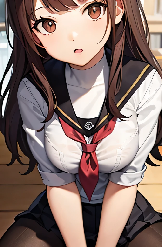 A schoolgirl with brown hair and brown eyes is wearing a tight schoolgirl uniform.、She has E cup breasts and thighs.、Spreading her legs