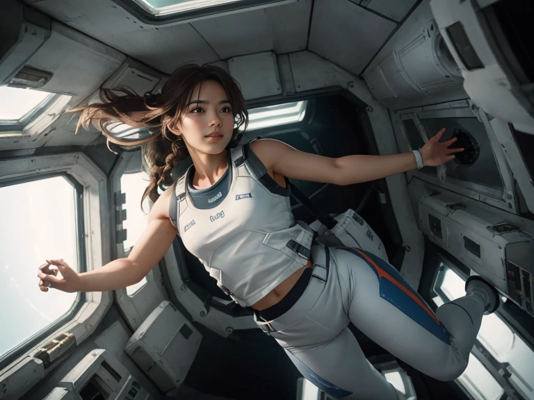 (8k, RAW photo, best quality, masterpiece), (photorealistic), outstanding details, ultra-high resolution, anatomically correct, textured skin, (Extremely precise and accurate anatomy),
Ultra Detailed Face, Detailed Eyes, blackholeengine style,
(whole body), (full body), (Wide-angle lens effect:1.2),
a beautiful female space pilot, (Cute Japanese girl , 20-year-old), (light smile:1.2), (Mouth slightly open) ,
(white tank top), (blue leggings), barefoot, Side braids, Brown Hair, cinematic lighting in the hair, hair light, wind in the hair,
the girl is floating around in zero gravity in a cabin of a futuristic spaceship,
no gravity, weightless, flying around, Free to move up and down,
(A spacious white cylindrical cabin), a minimalist cabin, white walls, subdued light in the spaceship, lots of displayers and instruments are the main source for the light in the scene, displayers in orange and blue light,
(through a window in the spaceship we can see the black hole from the movie Interstellar), or a spiral galaxy,
(backlighting),
(reflection light from below:1.4),
atmospheric perspective, depth of field,
(dramatic lighting), cinematic lighting,
