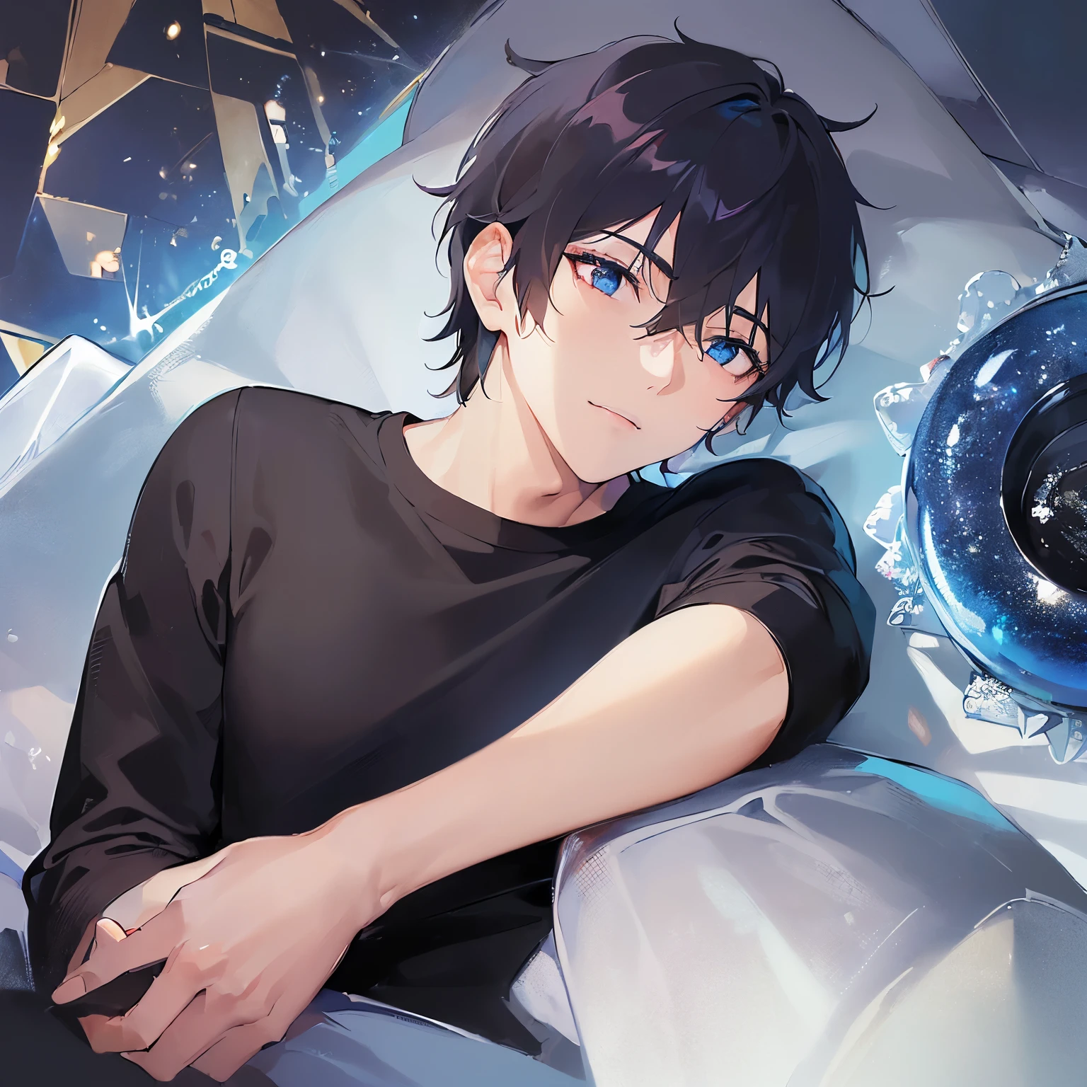 (looking away:1.5),upper body, (lie on one’s back:1.5),Shooting from above、
shiny skin, masterpiece、Highest quality、
(25-year-old male:1.3) and (Black short hair) and (blue eyes), 
Black long sleeve T-shirt smile,The background is the living room at night,(alone:1.5)、floor