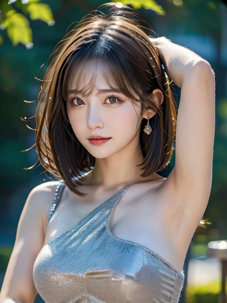 Realistic, High resolution, 1 female, alone, Hip Up, Displaying the viewer, (Detailed face), Gray Hair, Long Hair, knight armor、Steel Armor、Armpit