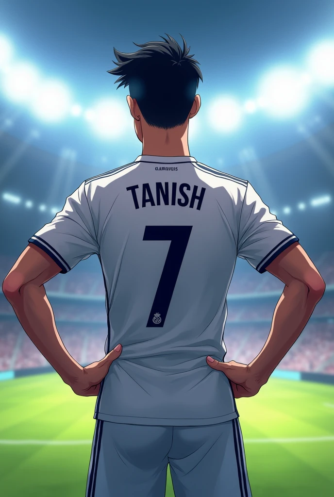 A football player
Age 18
On the back of the t-shirt name is TANISH .
Ans no. Is 7 .
In anime
A handsome boy
In a stadium
With real Madrid t-shirt
Create image on his back and show the name and no .
The hands is on the trunk
Make it for WhatsApp dp