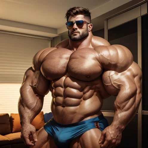 brutalmass, a young and very handsome man, perfect, normal and beautiful face, sunglasses, shirtless, exaggeratedly muscular body, exaggeratedly huge muscles, defined waist, in an apartment