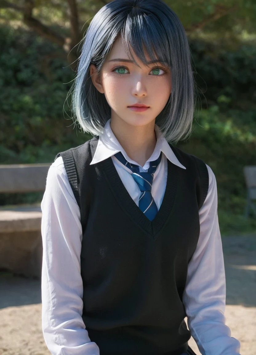 masterpiece, akane, realism, high quality, 8k, beautiful lighting, 1girl, solo, green eyes, medium_hair, white shirt, sweater vest, black vest, blue necktie, grey skirt, outdoors, looking at viewer, blue hair, sits