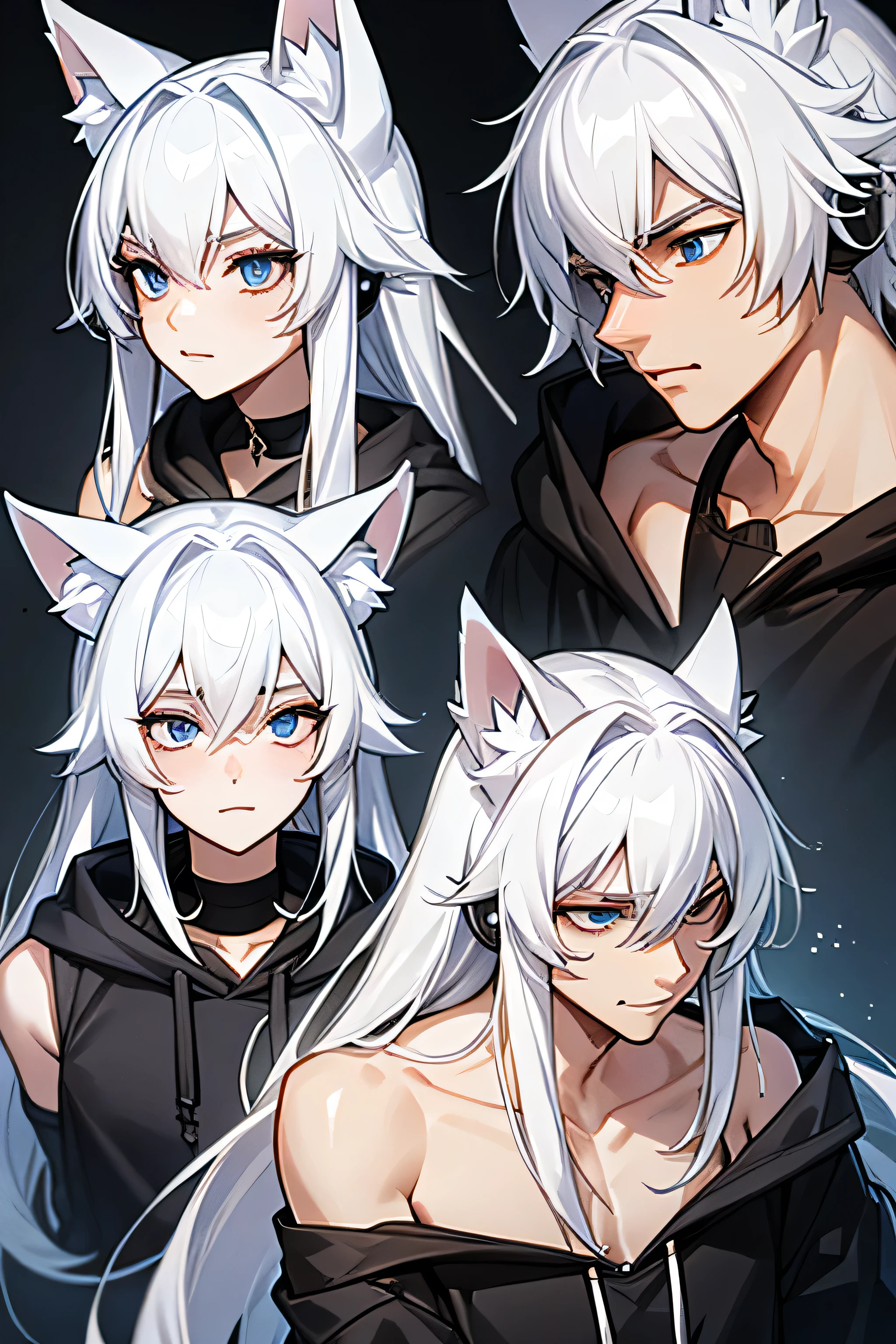 Anatomically Correct, Long Hair, White Hair, Wolf Ears, Bangs, Blue eyes, Headphones, skeleton hoodie, wolf tail, Male, piercings on wolf ears. Detail, HD, masculine.