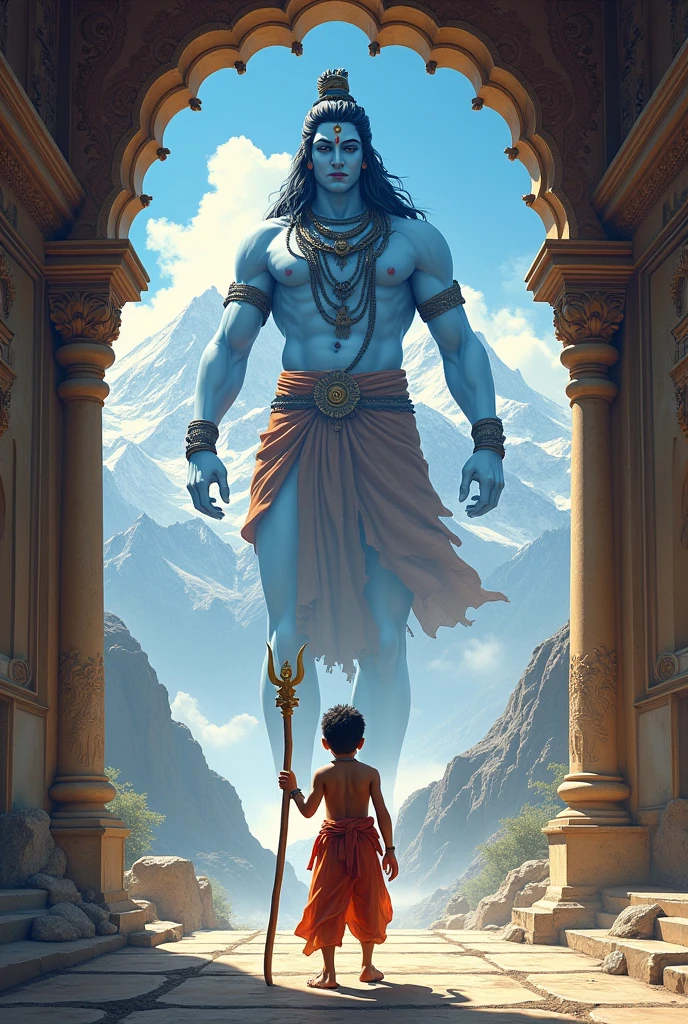 A small cute boy is stopping Lord Shiva from entering into a palace
The boy should hold a stick in one hand and other showing lard Shiva to not enter into the palace
It's a very old age story , the dress of the boy should be accordingly
The boy should be gaurding the palace
Background has to be Himalayas