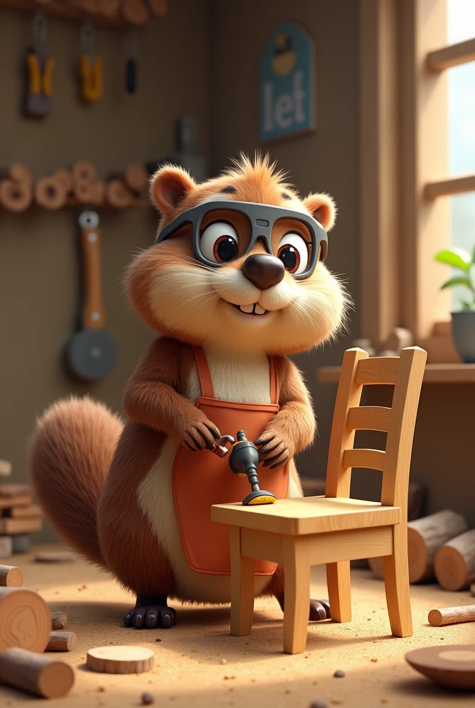 Cute female beaver constructing wood chair vr google saw hammer