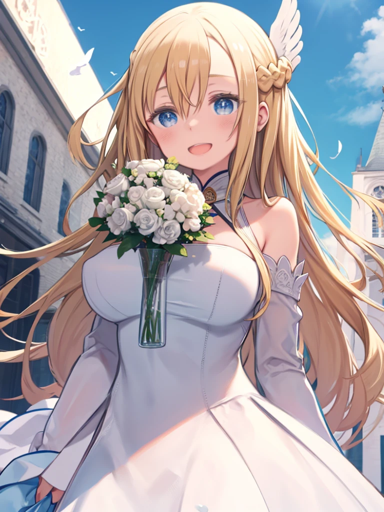 One Woman、Blonde Hair、long hair、Hair between the eyes、Braid、Blue Eyes、Big Breasts、Wedding dress、Photographed in front of the white church、A happy smile、Open your mouth a little、Holding a bouquet、Angle from below、blue sky、White Bird、