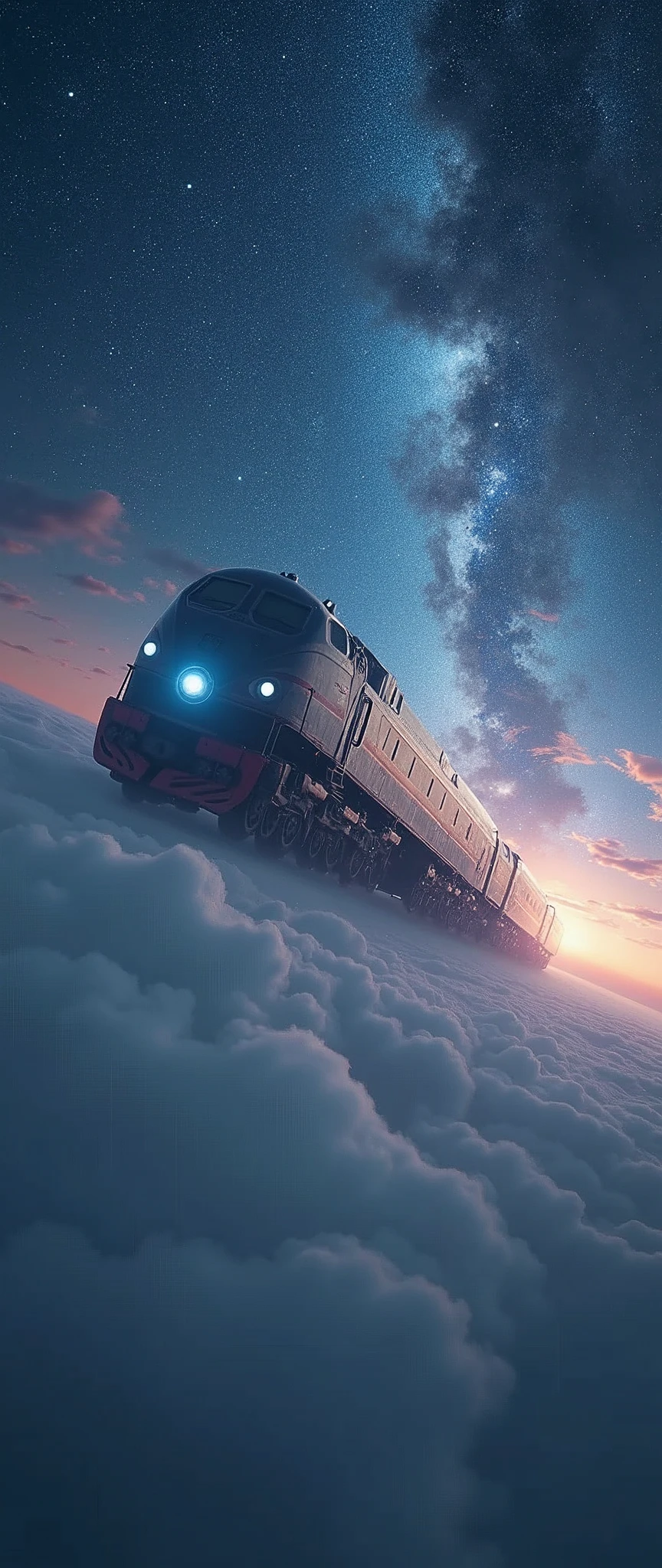 A train-shaped spaceship heads for the galaxy,Hope emerges from the clouds,Aircraft lights,A cool, sci-fi look,(SF的な流線形のbeautiful機体:2.0),(The background is outer space and the Milky Way:1.6),masterpiece,Highest quality,Ultra-high resolution,(Super detailed),8k,Realistic,Best aesthetics,beautiful,(dynamic,Great impact,Depicted from underneath the aircraft:1.2)