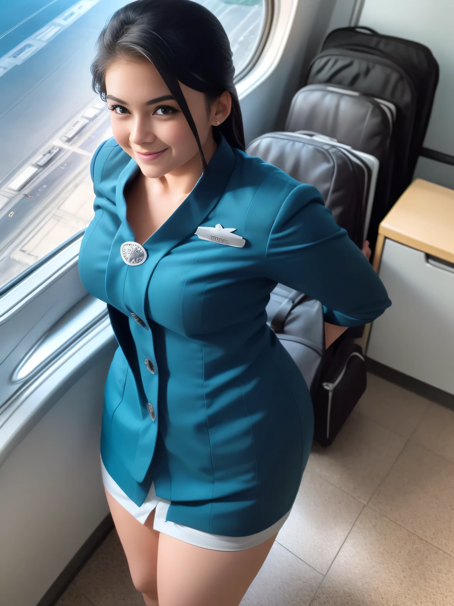 1girl, solo, 19 years old, standing, in the middle of a large airport, seductive pose, thick medium breasts, fit body, smooth realistic skin, cute little smirk, wearing flight attendant uniform, looking at the audience, (overhead shot:1.2), (zoom-out:1.4), (8k, RAW photo, best quality, masterpiece: 1.4), (realistic, realistic: 1.37), ultra-high resolution, cowboy shot