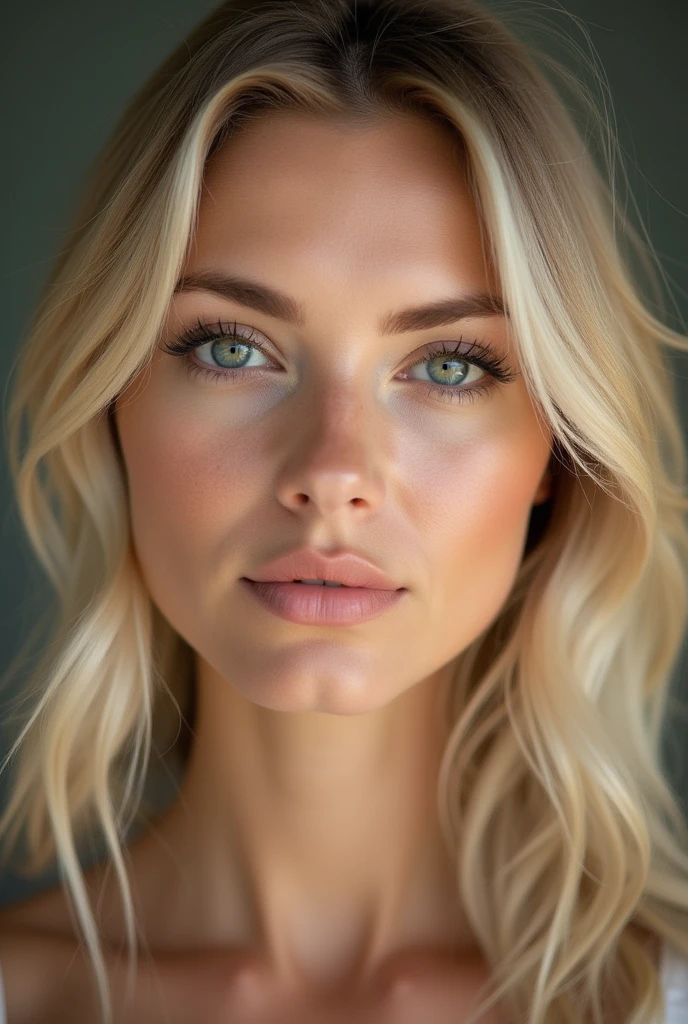 look straight into the eyes of a blonde woman from the front you can see her entire head and shoulders